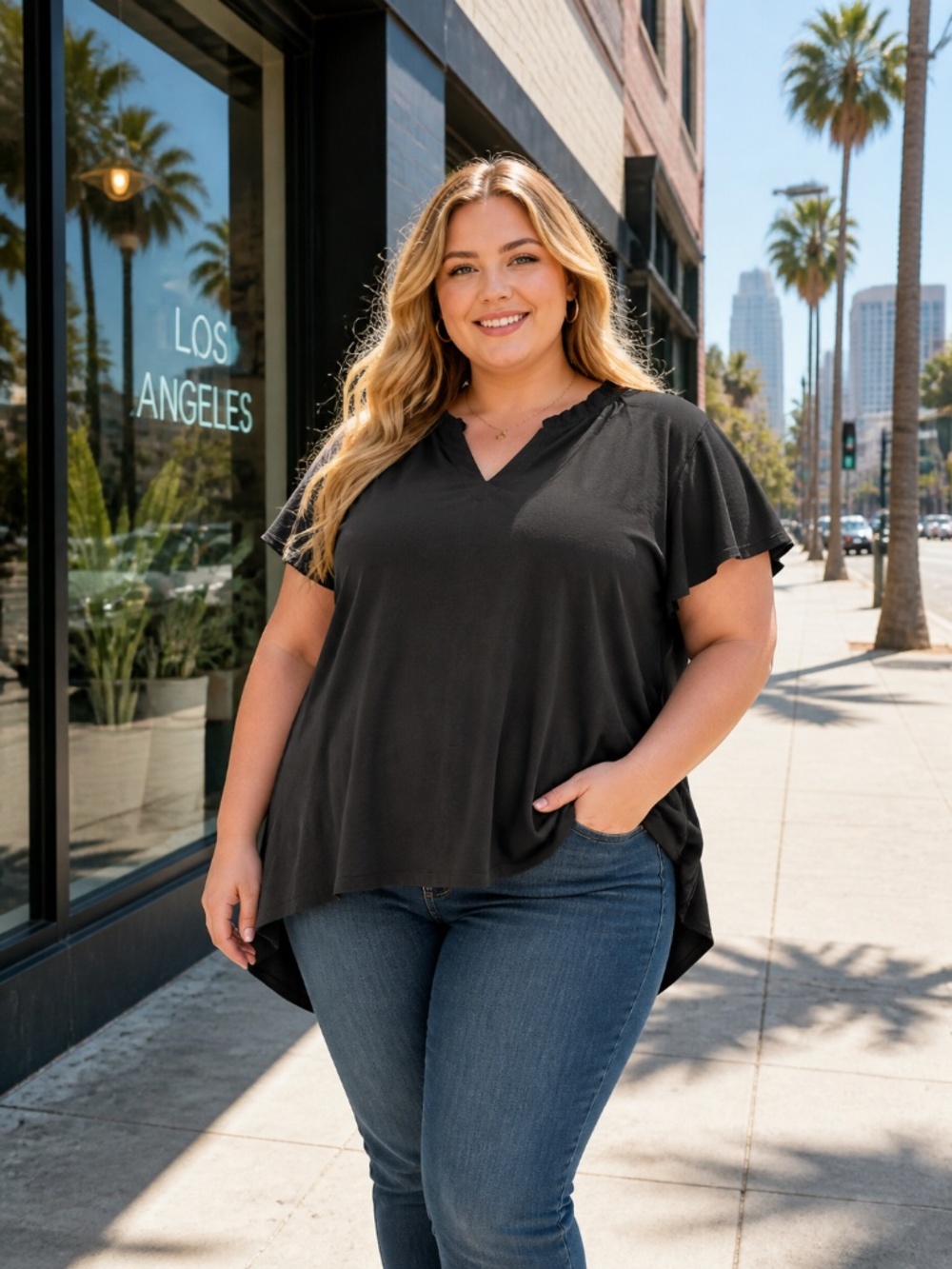 White Birch 2X Black Swing Top V-Neck Puff Sleeve Boho Flowy Blouse